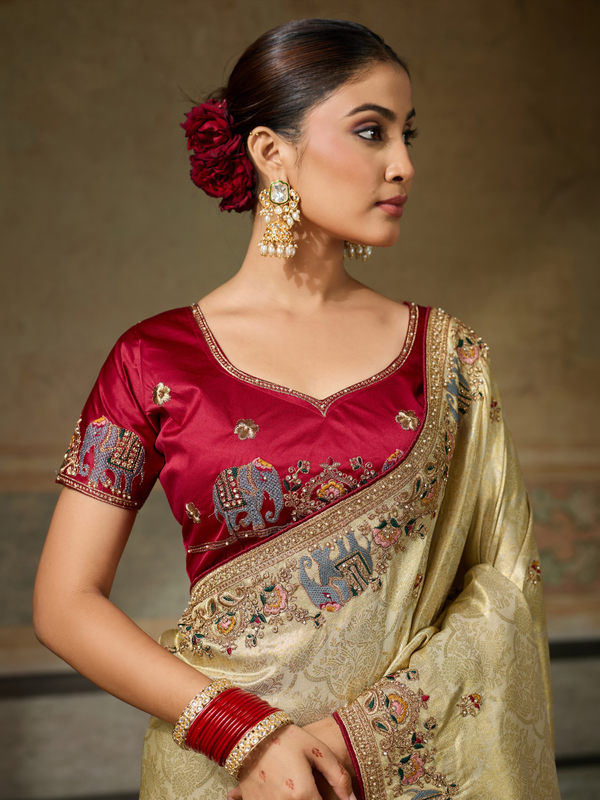 Champagne Gold Banarasi Satin Silk Saree With Contrast Blouse