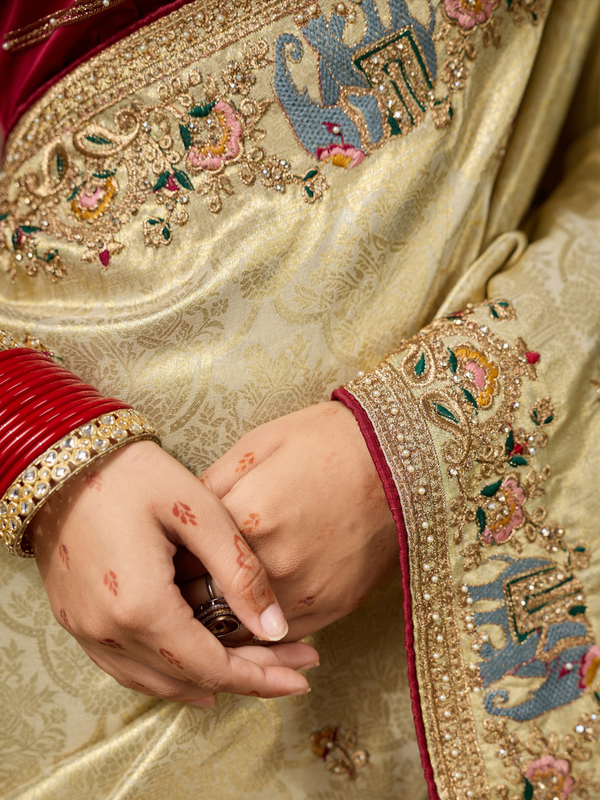 Champagne Gold Banarasi Satin Silk Saree With Contrast Blouse