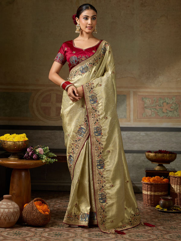 Champagne Gold Banarasi Satin Silk Saree With Contrast Blouse
