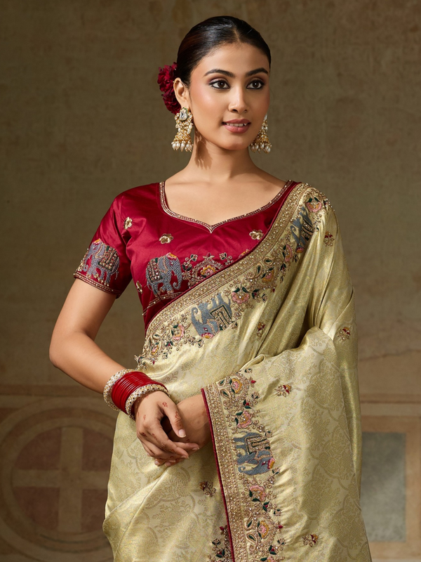 Champagne Gold Banarasi Satin Silk Saree With Contrast Blouse