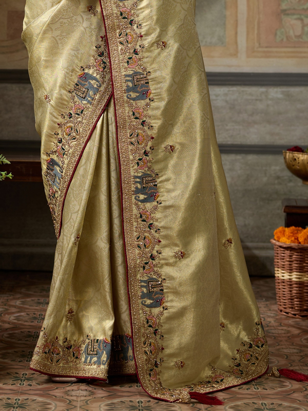Champagne Gold Banarasi Satin Silk Saree With Contrast Blouse