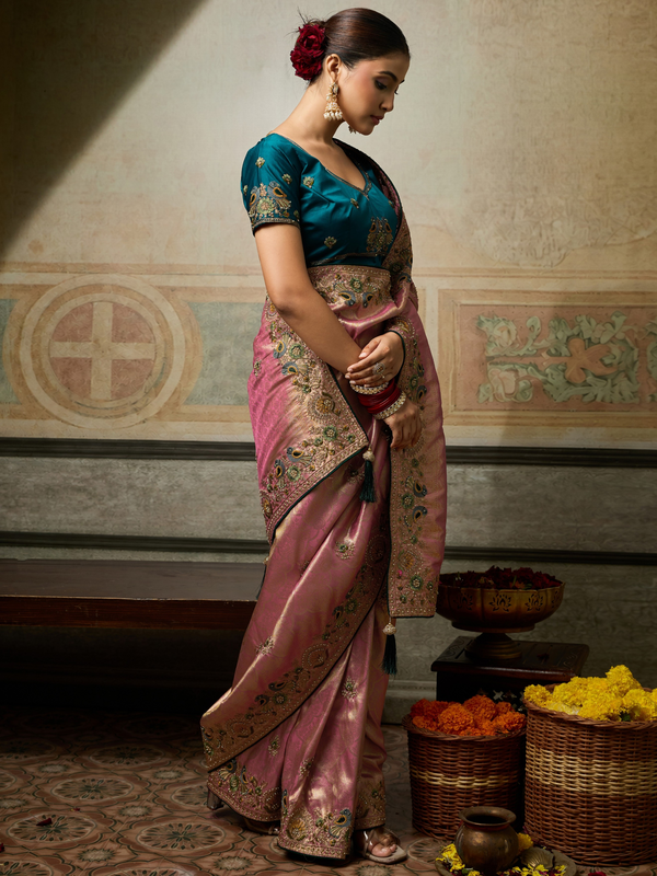 Rose Pink Banarasi Satin Silk Saree With Contrast Blouse