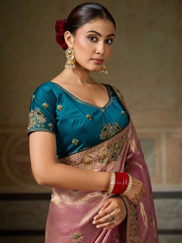 Rose Pink Banarasi Satin Silk Saree With Contrast Blouse