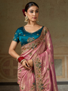 Rose Pink Banarasi Satin Silk Saree With Contrast Blouse
