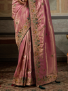 Rose Pink Banarasi Satin Silk Saree With Contrast Blouse