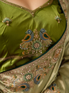 Olive Gold Banarasi Satin Silk Saree With Contrast Blouse