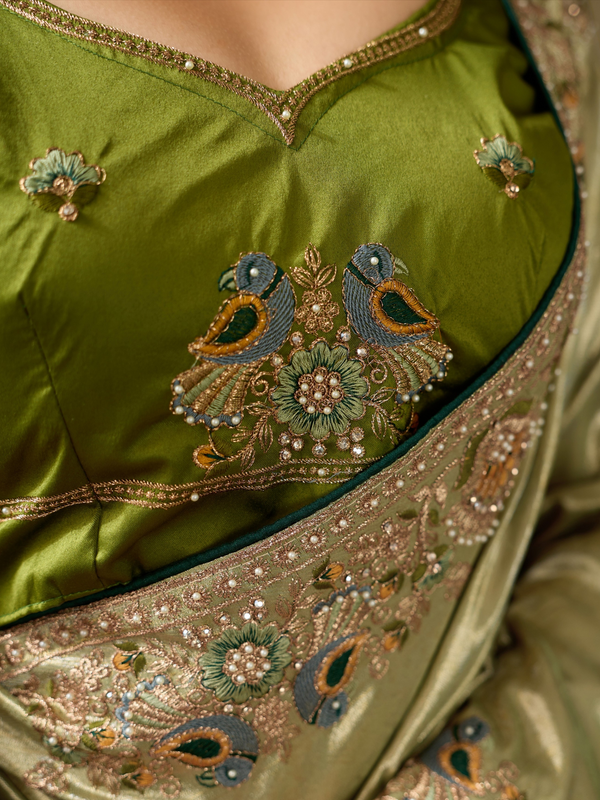 Olive Gold Banarasi Satin Silk Saree With Contrast Blouse