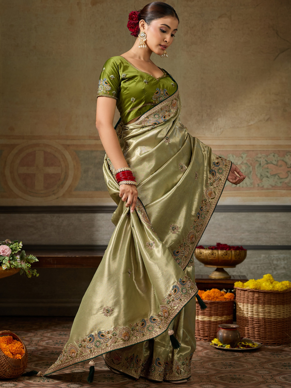 Olive Gold Banarasi Satin Silk Saree With Contrast Blouse