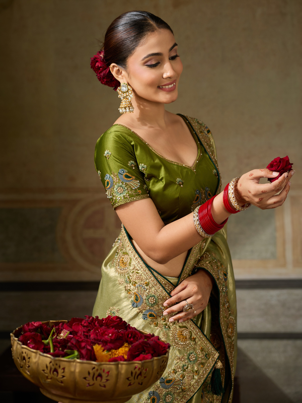 Olive Gold Banarasi Satin Silk Saree With Contrast Blouse