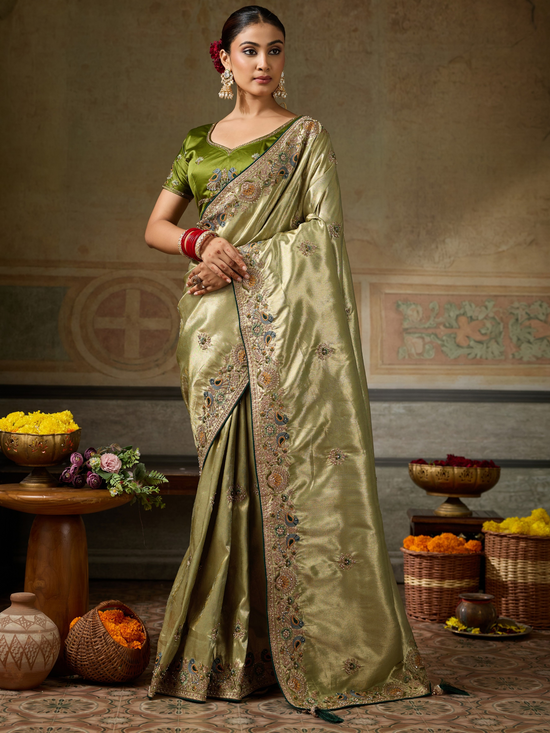 Olive Gold Banarasi Satin Silk Saree With Contrast Blouse