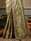 Olive Gold Banarasi Satin Silk Saree With Contrast Blouse