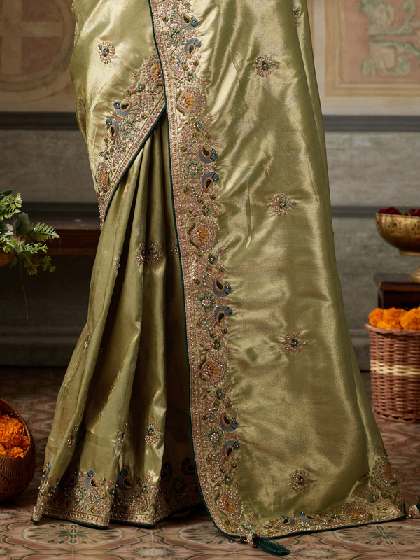 Olive Gold Banarasi Satin Silk Saree With Contrast Blouse