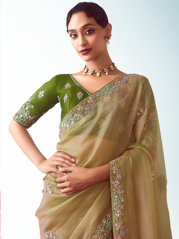 Antique Gold Embroidered Designer Tissue Silk Saree With Contrast Blouse