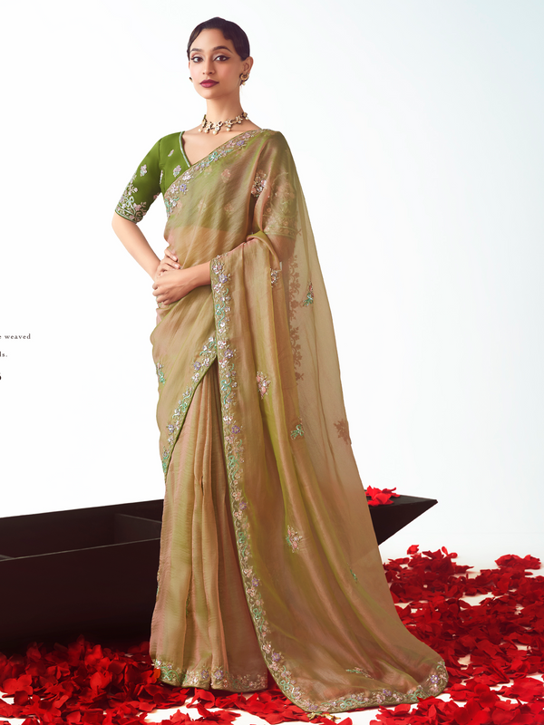 Antique Gold Embroidered Designer Tissue Silk Saree With Contrast Blouse