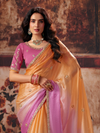 Apricot Orange Embroidered Designer Satin Silk Saree With Contrast Blouse