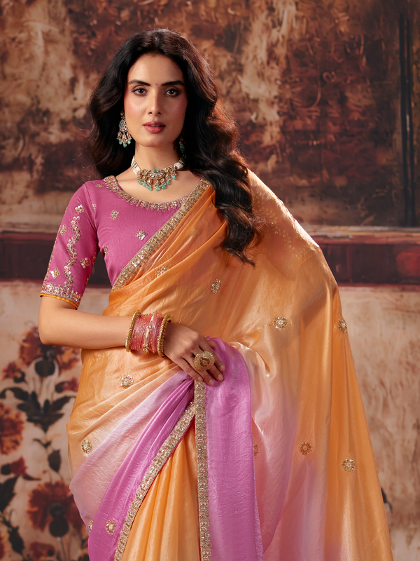 Apricot Orange Embroidered Designer Satin Silk Saree With Contrast Blouse