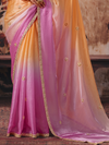 Apricot Orange Embroidered Designer Satin Silk Saree With Contrast Blouse