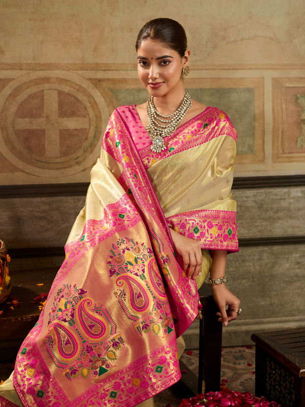 Cream Gold Paithani Tissue Silk Saree With Contrast Blouse