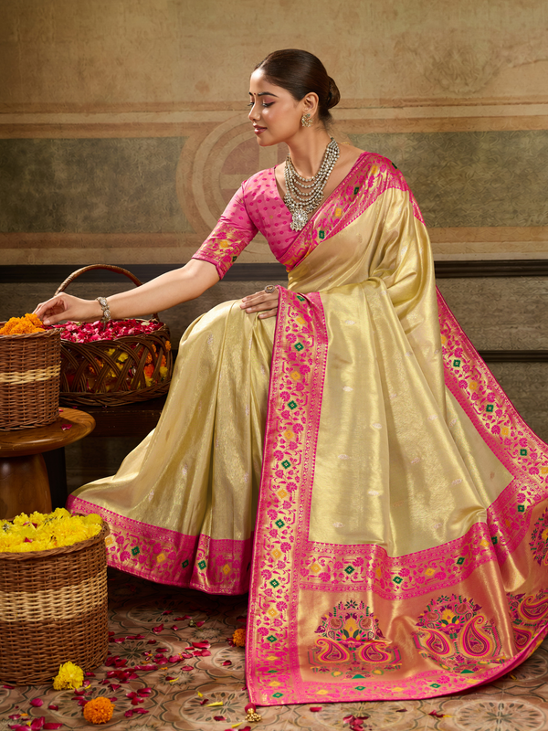 Cream Gold Paithani Tissue Silk Saree With Contrast Blouse
