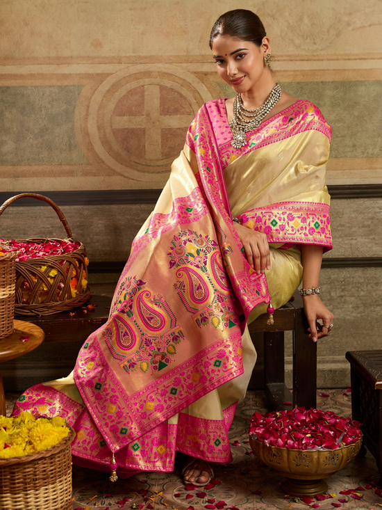 Cream Gold Paithani Tissue Silk Saree With Contrast Blouse