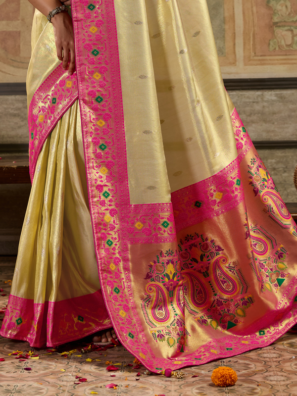 Cream Gold Paithani Tissue Silk Saree With Contrast Blouse