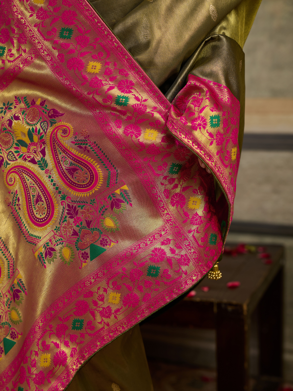 Olive Green Paithani Tissue Silk Saree With Contrast Blouse