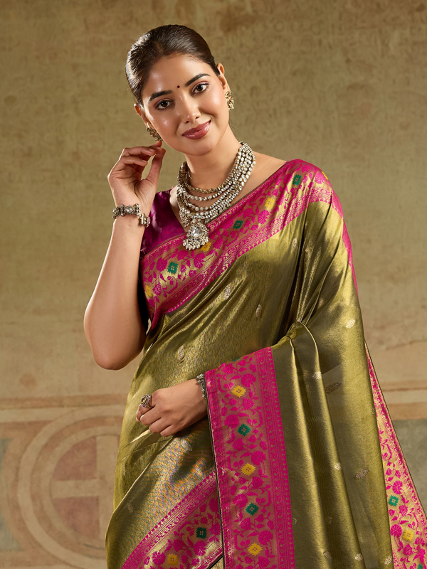 Olive Green Paithani Tissue Silk Saree With Contrast Blouse