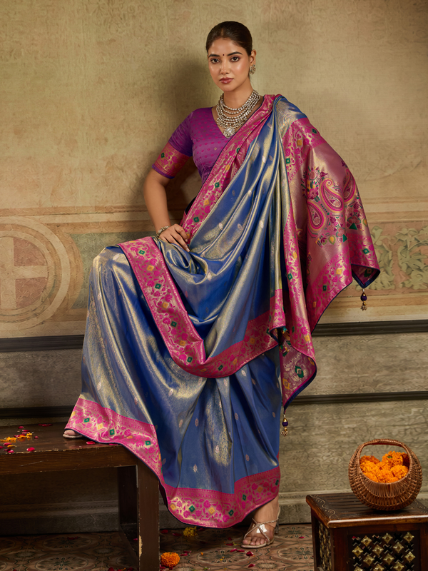 Royal Blue Paithani Tissue Silk Saree With Contrast Blouse