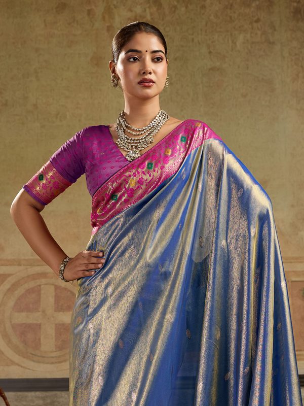 Royal Blue Paithani Tissue Silk Saree With Contrast Blouse