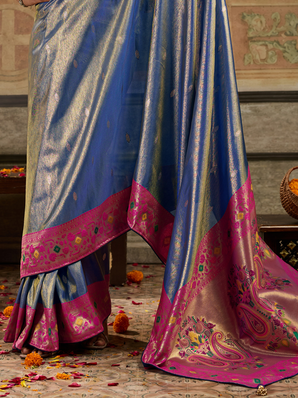 Royal Blue Paithani Tissue Silk Saree With Contrast Blouse