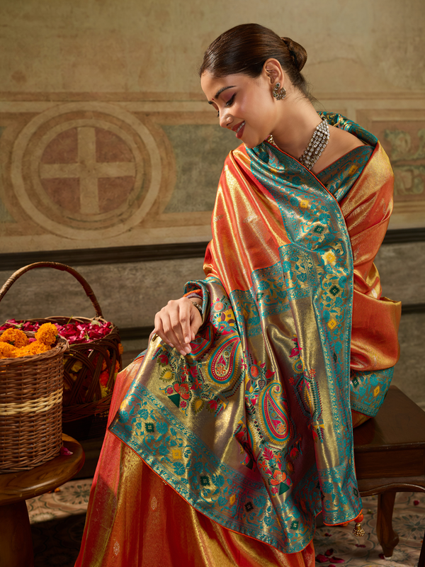 Orange Gold Paithani Tissue Silk Saree With Contrast Blouse