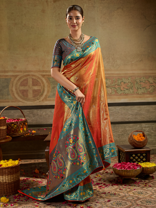 Orange Gold Paithani Tissue Silk Saree With Contrast Blouse