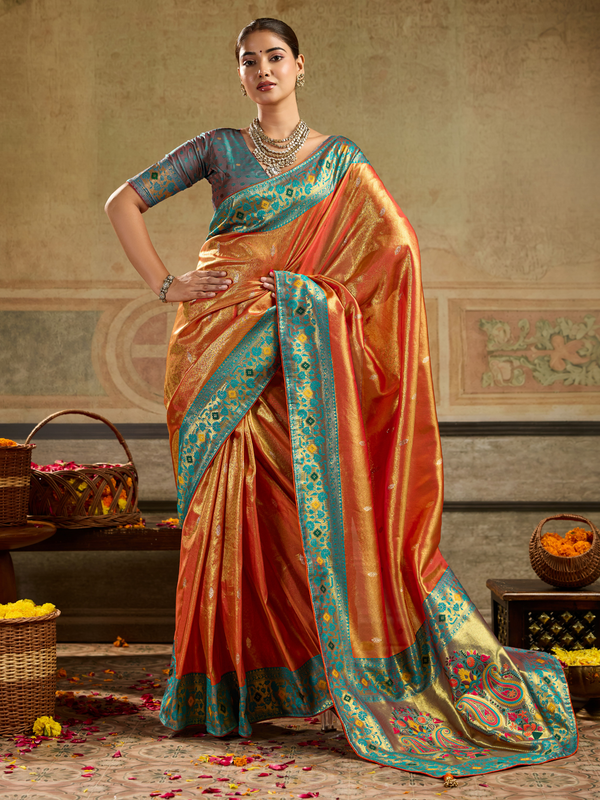 Orange Gold Paithani Tissue Silk Saree With Contrast Blouse