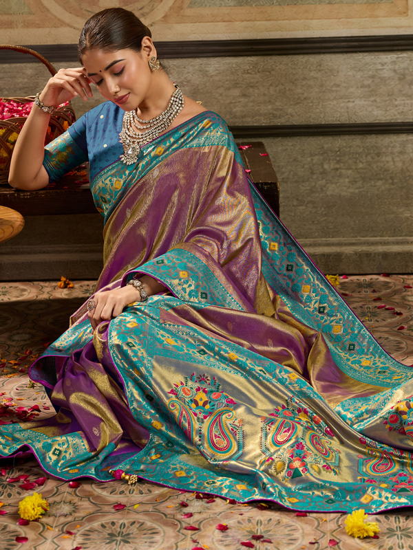 Magenta Purple Paithani Tissue Silk Saree With Contrast Blouse