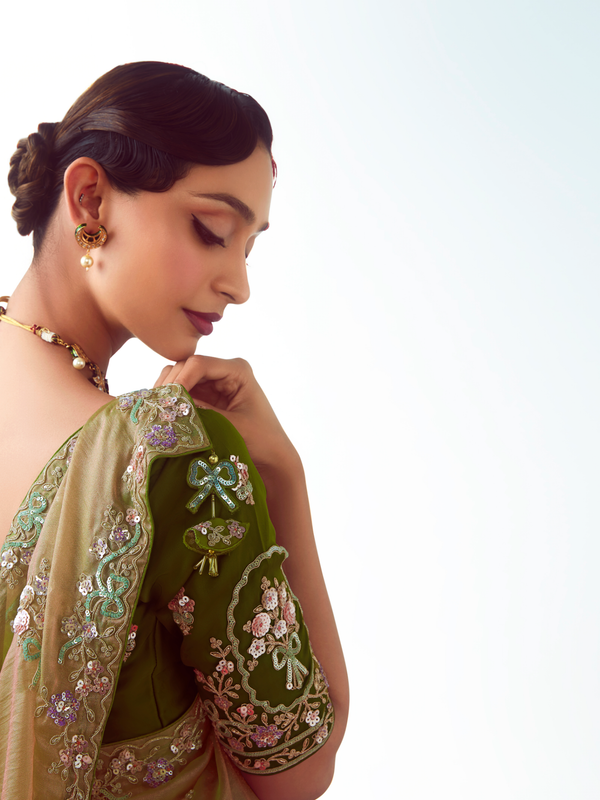 Antique Gold Embroidered Designer Tissue Silk Saree With Contrast Blouse