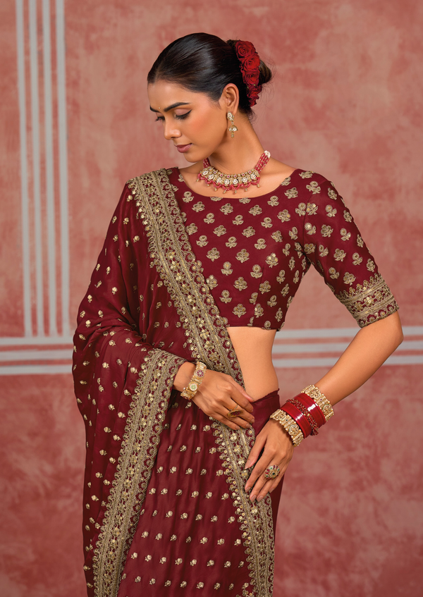 Deep Maroon Embroidered Designer Satin Silk Saree