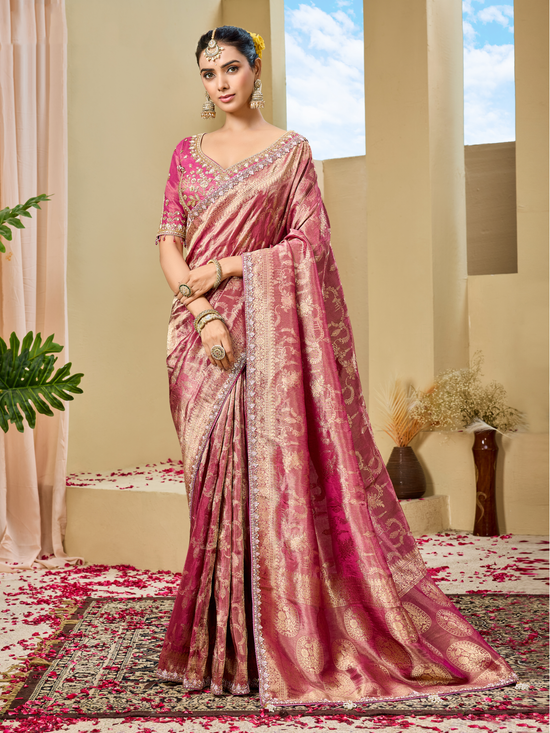 Rani Pink Banarasi Tissue Silk Saree