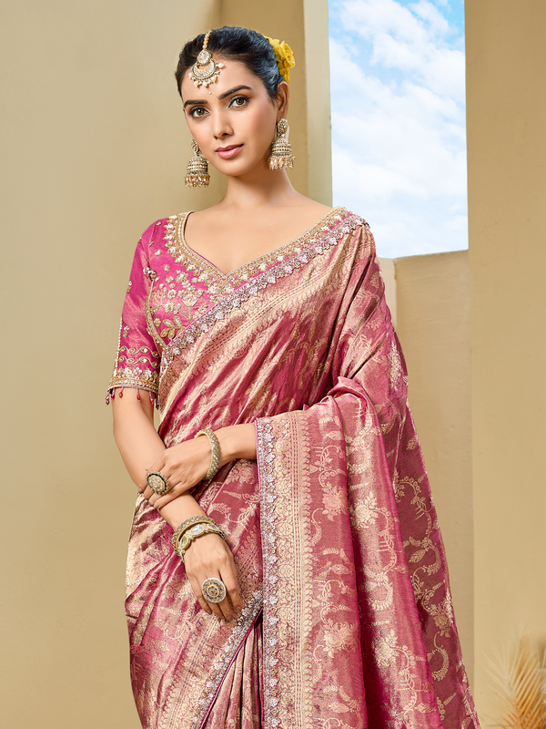 Rani Pink Banarasi Tissue Silk Saree