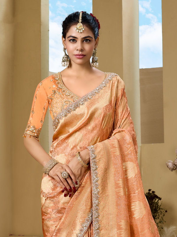 Peach Orange Banarasi Tissue Silk Saree