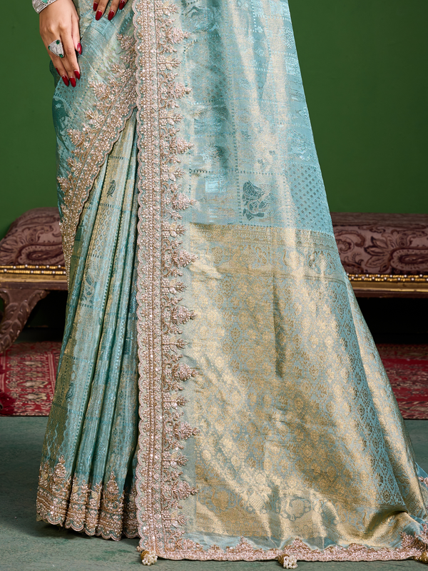 Aqua Blue Banarasi Tissue Silk Saree