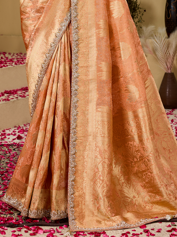 Peach Orange Banarasi Tissue Silk Saree