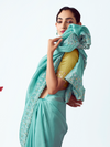 Aqua Turquoise Embroidered Designer Organza Silk Saree With Contrast Blouse