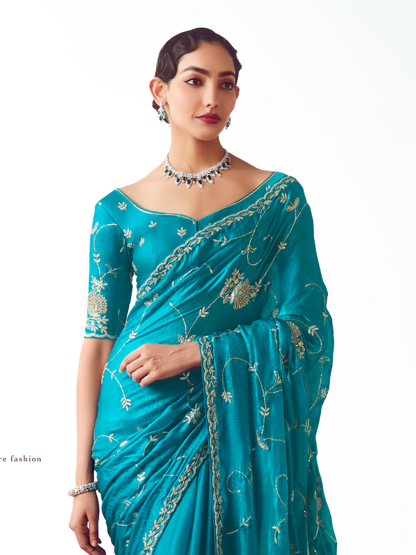 Peacock Teal Embroidered Designer Satin Silk Saree