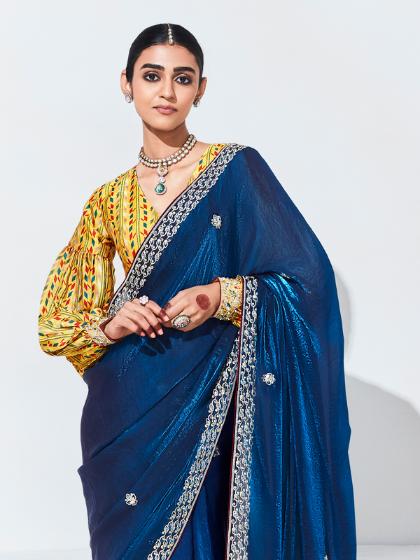 Royal Blue Embroidered Designer Satin Silk Saree