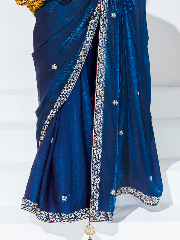 Royal Blue Embroidered Designer Satin Silk Saree