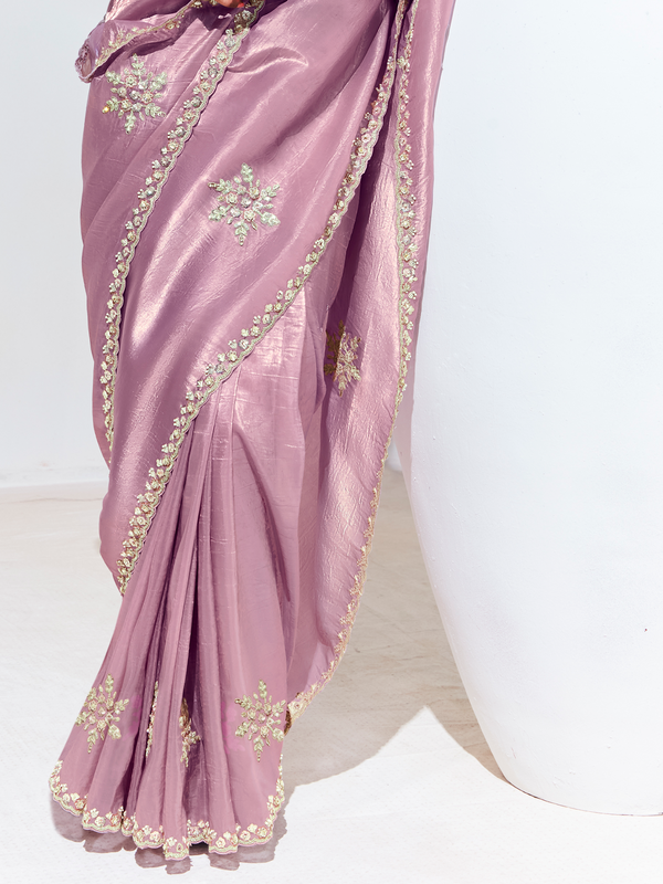 Mauve Pink Embroidered Designer Tissue Silk Saree
