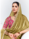 Olive Green Embroidered Designer Tissue Silk Saree