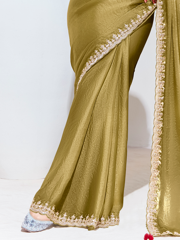 Olive Green Embroidered Designer Tissue Silk Saree