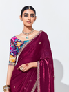 Deep Wine Embroidered Designer Satin Silk Saree