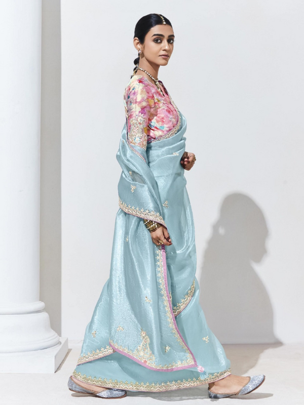 Powder Blue Embroidered Designer Tissue Silk Saree